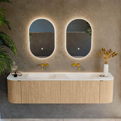 MONDIAZ KURVE-DLUX meuble de salle de bains 180cm avec module 25 Len R couleur Oak avec 2 tiroirs et 2 portes. Lavabo LEAF double sans trou de robinet couleur Opalo.