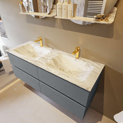 MONDIAZ VICA-DLUX Ensemble meuble de salle de bains - 130cm - meuble bas plata - 4 tiroirs - lavabo encastré cloud double - 2 trous de robinet - version haute 60cm - glace
