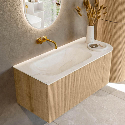 MONDIAZ KURVE-DLUX 105cm Meuble salle de bain avec module 25 D - couleur Oak - 1 tiroir - 1 porte - vasque BIG SMALL gauche - sans trou de robinet - couleur Ostra