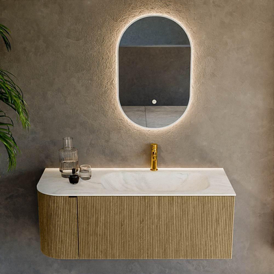 Mondiaz KURVE-DLUX Badkamermeubelset - 115x46x40cm - 1 lade - 1 deur - wastafel solid surface - rechts - 1 kraangat - Dusk