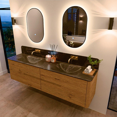 Mondiaz CIRO-DLUX Meuble de salle de bains - 190x45x50cm - lavabo solid surface Lava - 2 vasques double - sans trous de robinet - 4 tiroirs - Chêne