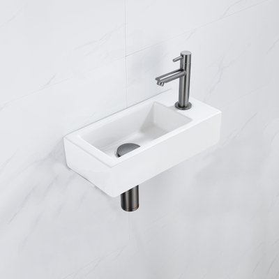 QeramiQ Fuente Fonteinset - 37.5x18.5x9cm - keramiek - kraangat rechts - fonteinkraan gunmetal - afvoerplug - verlaagd sifon - Mat wit