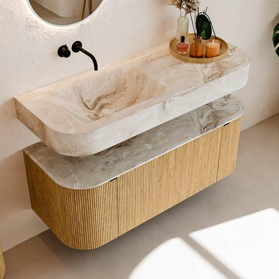MONDIAZ THOR-DLUX 120cm badmeubel ronding links + rechts kleur Oak met 1 lade en 2 deuren. Vrijhangende wastafel CLOUD Links zonder kraangat kleur Frappe.
