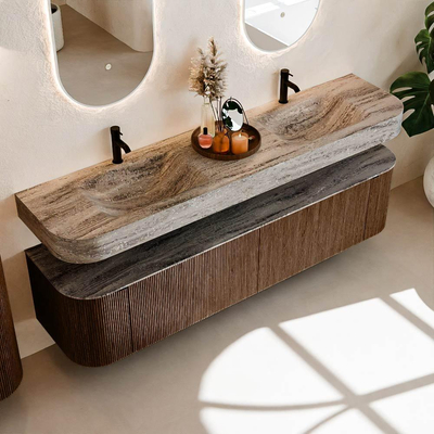 MONDIAZ THOR-DLUX 190cm meuble de salle de bains arrondi gauche + droite couleur Walnut avec 2 tiroirs et 2 portes. Vasque suspendue CLOUD Double 2 trous de robinet couleur Oza.