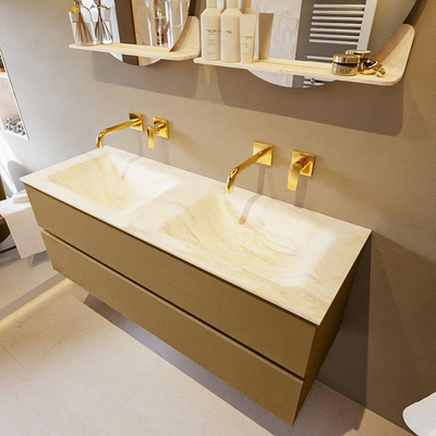 Mondiaz VICA-DLUX ensemble de meuble de salle de bain - 130cm - meuble sous-vasque oro - 2 tiroirs - lavabo encastré cloud double - sans trous de robinet - miroir modèle spot - version XL 60cm de haut - ostra