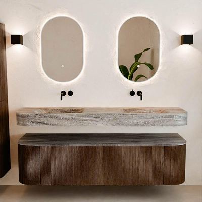 MONDIAZ THOR-DLUX 170cm badmeubel ronding links + rechts kleur Walnut met 1 lade en 2 deuren. Vrijhangende wastafel CLOUD Dubbel zonder kraangat kleur Oza.