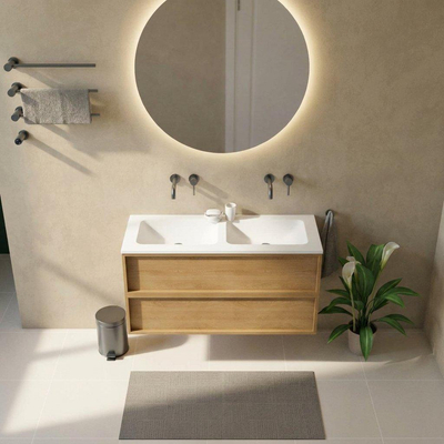 Saniclass Holz Frame Ensemble meuble de salle de bains - 120x45x77.5cm - lavabo Torino en solid surface blanc - sans trou de robinet - 2 tiroirs - chêne natural mat (bois)