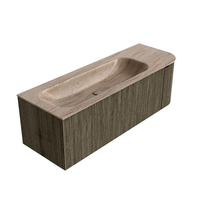 MONDIAZ KURVE-DLUX Meuble de salle de bains 135cm arrondi à droite couleur Shadow avec 1 tiroir et 1 porte. Lavabo BIG MEDIUM à gauche 1 trou de robinet Saba.