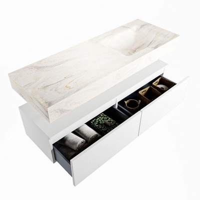 Mondiaz ALAN-DLUX Ensemble de meuble - 130cm - meuble Talc mat - 2 tiroirs - Lavabo Cloud Ostra suspendu - vasque Droite - 0 trous de robinet