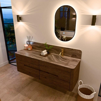 Mondiaz CIRO-DLUX Badkamermeubelset - 150x45x50cm - Solid surface wastafel Sombra - 1 wasbak Rechts - 1 kraangat - 4 lades - Dusk