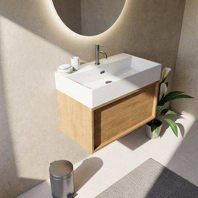 Saniclass Holz Frame Ensemble de meubles de salle de bains - 80x45x52cm - Legend lavabo en céramique blanc - 1 vasque - 1 trou de robinetterie - 1 tiroir - chêne natural mat (bois)
