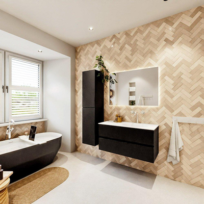 MONDIAZ VICA 100cm meuble sous lavabo Urban 2 tiroirs. Lavabo MOON droite 1 trou de robinet, couleur Talc.