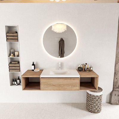 MONDIAZ BUKLA 160cm ensemble de meuble avec module ouvert 40 L+R couleur Chêne blanchi avec 2 tiroirs. Lavabo CLOUD centre 1 trou de robinet couleur Talc.