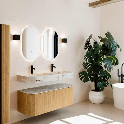 MONDIAZ THOR-DLUX Meuble de salle de bains 120cm arrondi gauche + droite couleur Oak avec 1 tiroir et 2 portes. Vasque suspendue CLOUD Double 2 trous de robinet couleur Glace.