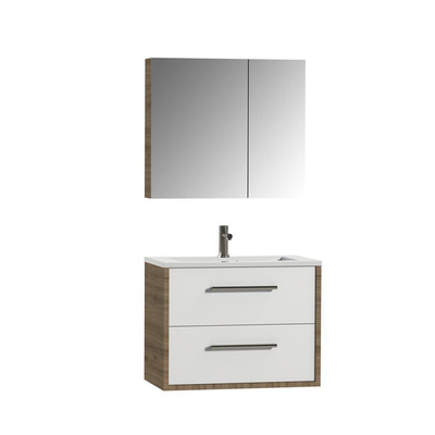 Tiger Boston Meuble salle de bains 80x62x45cm avec 1 trou 2 tiroirs softclose montage droite et gauche avec armoire miroir bois chêne chalet /blanc relief