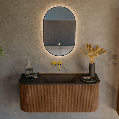 MONDIAZ KURVE 110cm Meuble salle de bain avec module 25 G et D - couleur Walnut - 1 tiroir - 2 portes - vasque CLOUD centre - sans trous de robinet - Urban