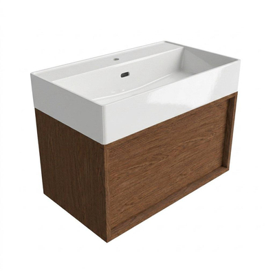 Saniclass Holz Frame Ensemble meuble de salle de bains - 80x45x52cm - lavabo Legend en céramique blanc - 1 vasque - 1 trou de robinetterie - 1 tiroir - walnut pure mat (bois)