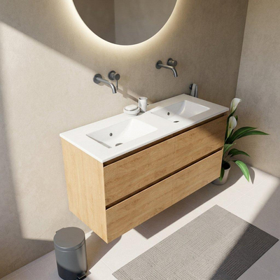 Saniclass Holz Pure Ensemble de meubles de salle de bains - 120x45x62cm - lavabo Vygo en céramique blanc - 2 vasques - sans trous de robinetterie - 4 tiroirs - chêne natural mat (bois)