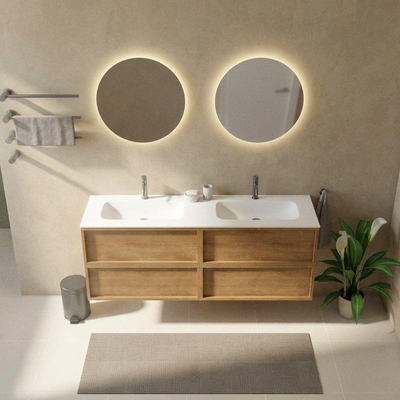 Saniclass Holz Frame Ensemble meuble de salle de bains - 160x45x61.5cm - Flow vasque en solid surface blanc - 2 vasques - 2 trous de robinetterie - 4 tiroirs - chêne natural mat (bois)