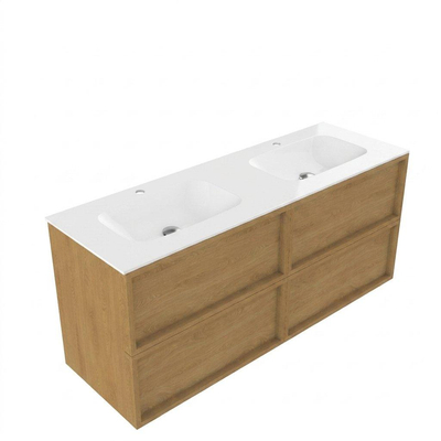 Saniclass Holz Frame Ensemble meuble de salle de bains - 140x45x61.5cm - Flow lavabo en solid surface - 2 vasques - 2 trous de robinetterie - avec trop-plein - 4 tiroirs - chêne natural mat (bois)