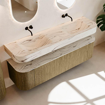 MONDIAZ THOR-DLUX Meuble de salle de bains 170cm arrondi gauche + droite couleur Dusk avec 1 tiroir et 2 portes. Vasque suspendue CLOUD Double sans trou de robinet couleur Nata.