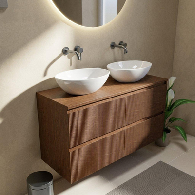 Saniclass Holz Atelier Ensemble de meubles de salle de bains - 120x45x62cm - plan de travail en bois - sans trou de robinetterie - 2 tiroirs - mat walnut pure (bois)