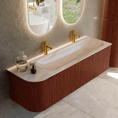 MONDIAZ KURVE-DLUX 145cm badmeubel ronding Links kleur Ruby met 1 lade en 1 deur. Wastafel BIG LARGE Rechts 2 kraangaten Meli.