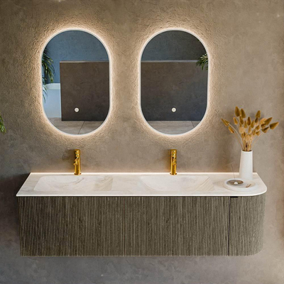 Mondiaz KURVE-DLUX Badkamermeubelset - 155x46x40cm - 2 lade - 1 deur - wastafel solid surface - dubbel / links - 2 kraangaten - Shadow
