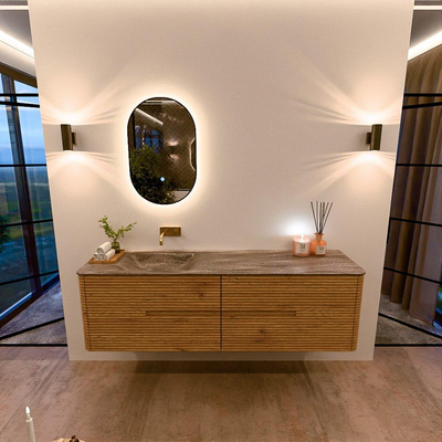 Mondiaz CIRO-DLUX Meuble de salle de bains - 170x45x50cm - Plan vasque solid surface Oza - 1 vasque à gauche - sans trous de robinet - 4 tiroirs - Chêne