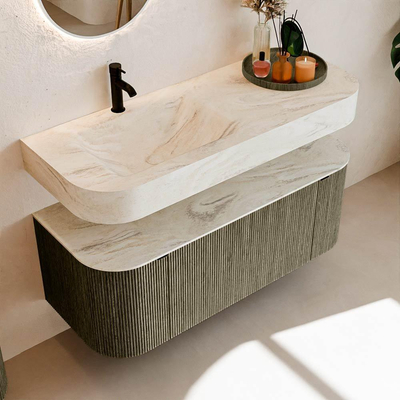 MONDIAZ THOR-DLUX 120cm meuble de salle de bains arrondi gauche + droite couleur Shadow avec 1 tiroir et 2 portes. Vasque suspendue CLOUD Gauche 1 trou de robinet couleur Ostra.