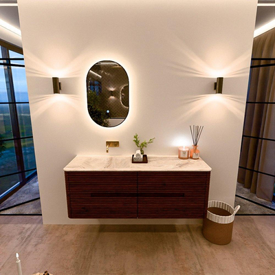 Mondiaz CIRO-DLUX Ensemble meuble de salle de bains - 140x45x50cm - vasque Solid surface Frappe - 1 lavabo à gauche - sans trous de robinet - 4 tiroirs - Ruby