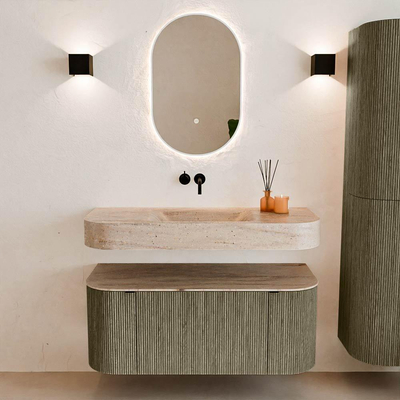 MONDIAZ THOR-DLUX 110cm badmeubel ronding links + rechts kleur Shadow met 1 lade en 2 deuren. Vrijhangende wastafel CLOUD Midden zonder kraangat kleur Saba.