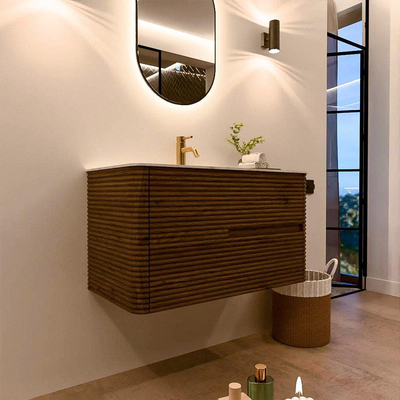 Mondiaz CIRO-DLUX Badkamermeubelset - 90x45x50cm - Solid surface wastafel Glace - 1 wasbak Midden - 1 kraangat - 2 lades - Dusk