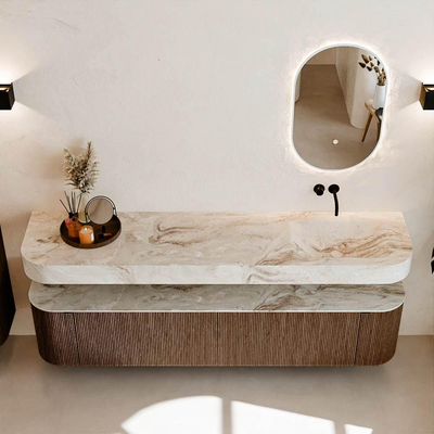 MONDIAZ THOR-DLUX Meuble de salle de bains - 200cm - arrondi gauche + droite - couleur Walnut - 2 tiroirs - 2 portes - Vasque suspendue CLOUD Droite sans trou de robinet - couleur Frappe