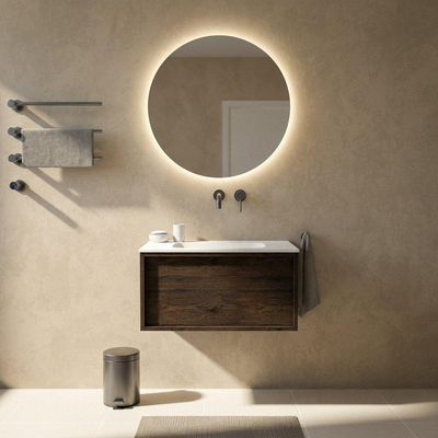 Saniclass Holz Frame Ensemble meuble de salle de bains - 80x45x41.5cm - Flow lavabo en solid surface blanc - 1 vasque - sans trou de robinetterie - 1 tiroir - chêne charcoal mat (bois)