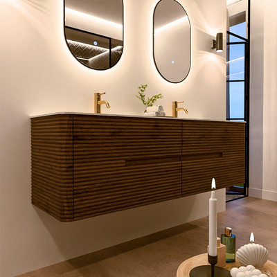 Mondiaz CIRO-DLUX Badkamermeubelset - 160x45x50cm - Solid surface wastafel Opalo - 2 wasbak Dubbel - 2 kraangaten - 4 lades - Dusk