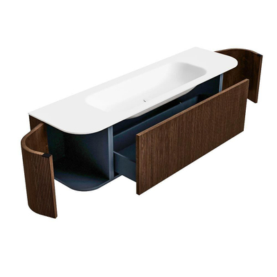 MONDIAZ KURVE Meuble de salle de bains 160 cm avec module 25 Len R couleur Walnut avec 1 tiroir et 2 portes. Lavabo BIG MEDIUM central sans trou de robinet Talc.