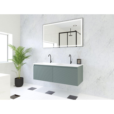 HR Matrix ensemble de meubles de salle de bain 3d 120cm 2 tiroirs sans poignée avec bandeau de poignée couleur pétrole mat avec lavabo mince double 2 robinets blanc mat
