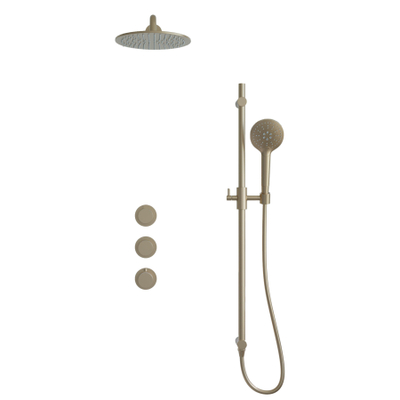 Fortifura Nebbio Ensemble de douche pluie - robinet encastré - corps encastré - barre coulissante - flexible de douche lisse - douchette ronde - bras mural 35cm - pomme de douche ronde - laiton brossé PVD (or)