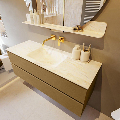 Mondiaz VICA-DLUX ensemble de meuble de salle de bain - 130cm - meuble sous-vasque oro - 2 tiroirs - lavabo encastré cloud milieu - sans trous de robinet - miroir modèle spot - version XL 60cm haut - ostra