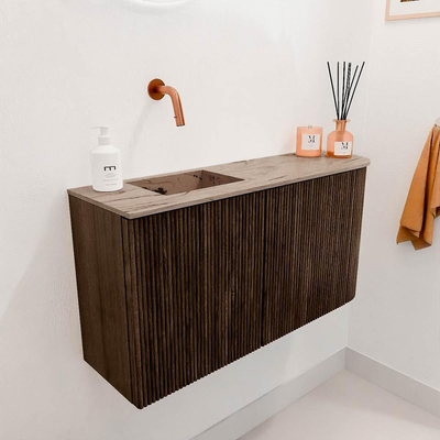 Mondiaz JOYA-DLUX 81.6cm toiletmeubel - ronding rechts kleur Walnut - Wastafel FAYE positie Links Zonder kraangat kleur Arena.