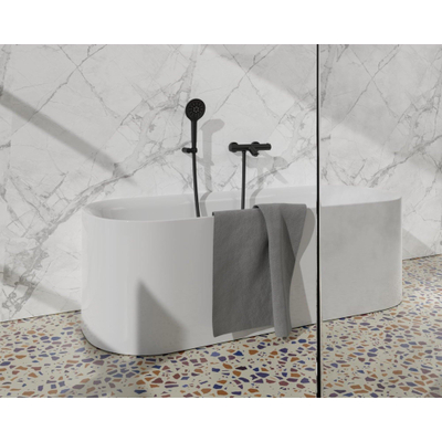 FugaFlow Eccelente Sobrado Robinet de baignoire thermostatique avec douchette ronde, support et flexible lisse Noir mat