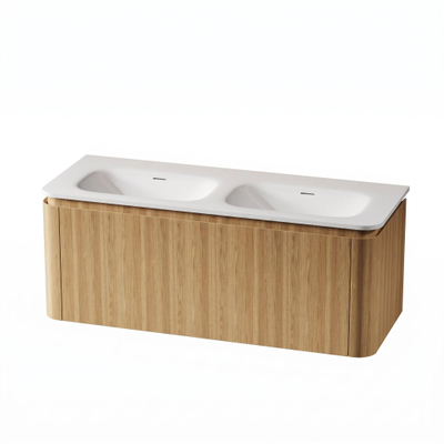 Royal Plaza Terra Ensemble meuble de salle de bains - 120x46.2x46cm - vasque en solid surface blanc mat - 2 vasques - sans trous de robinet - 2 tiroirs - sandwood (chêne clair)