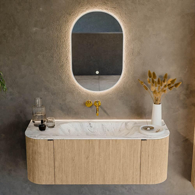 MONDIAZ KURVE-DLUX Meuble de salle de bains 120 cm avec module 25 Len R couleur Chêne avec 1 tiroir et 2 portes. Lavabo BIG SMALL central sans trou de robinet couleur Glace.