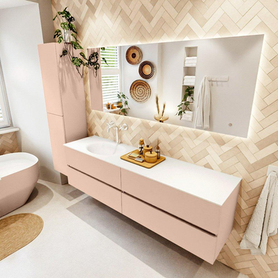 MONDIAZ Vica Ensemble meuble de salle de bains - 180cm - meuble bas rosee - 4 tiroirs - vasque moon gauche - 1 trou de robinet - version haute 60cm - talc