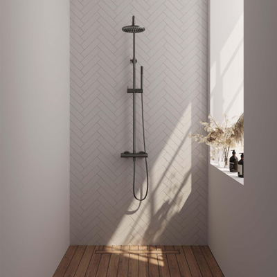 Brauer Gunmetal Carving Douche pluie 20cm thermostatique mural avec douchette rond 1 jet stick flexible 150cm lisse et barre avec curseur Gunmetal brossé PVD