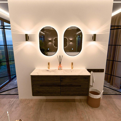 Mondiaz CIRO-DLUX Badkamermeubelset - 130x45x50cm - Solid surface wastafel Nata - 2 wasbak Dubbel - 2 kraangaten - 4 lades - Shadow