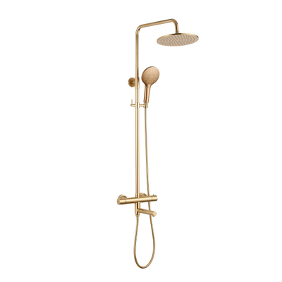 Fortifura Calvi Regendoucheset - thermostatisch - 25cm hoofddouche - metalen slang - ronde handdouche - draaibare baduitloop - Geborsteld Messing PVD (Goud)