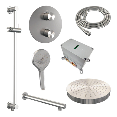 BRAUER Stripe Thermostatique Douche de tête encastrée - 3 voies - ronde - SET 46 - pomme de douche 25 cm - bras mural droit - douchette 3 positions - flexible de douche - barre coulissante intégrée - couleur inox brossé PVD