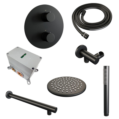 BRAUER Black Edition thermostatische Inbouw Regendouche - 3-weg - rond - set 73 - 20cm hoofddouche - rechte muurarm - staaf handdouche - doucheslang - wandaansluitbocht - mat zwart